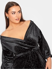 Yours Curve Black London Velvet Glitter Shift Drop Shoudler Dress - Image 4 of 4