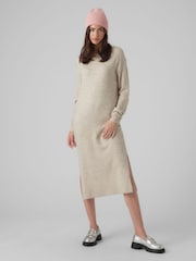 Cream Round Neck Midi Knitted Dress With Side Split - Image 1 of 5