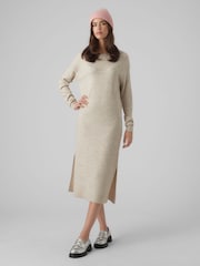 Cream Round Neck Midi Knitted Dress With Side Split - Image 2 of 5