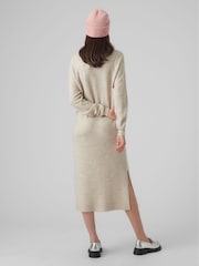 Cream Round Neck Midi Knitted Dress With Side Split - Image 3 of 5