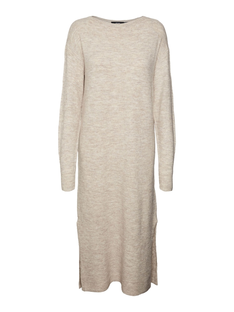 Cream Round Neck Midi Knitted Dress With Side Split - Image 5 of 5