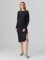Black Round Neck Midi Knitted Dress With Side Split - Image 1 of 5