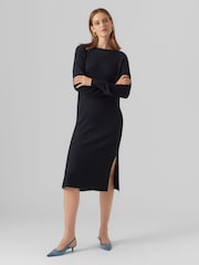 Black Round Neck Midi Knitted Dress With Side Split - Image 3 of 5