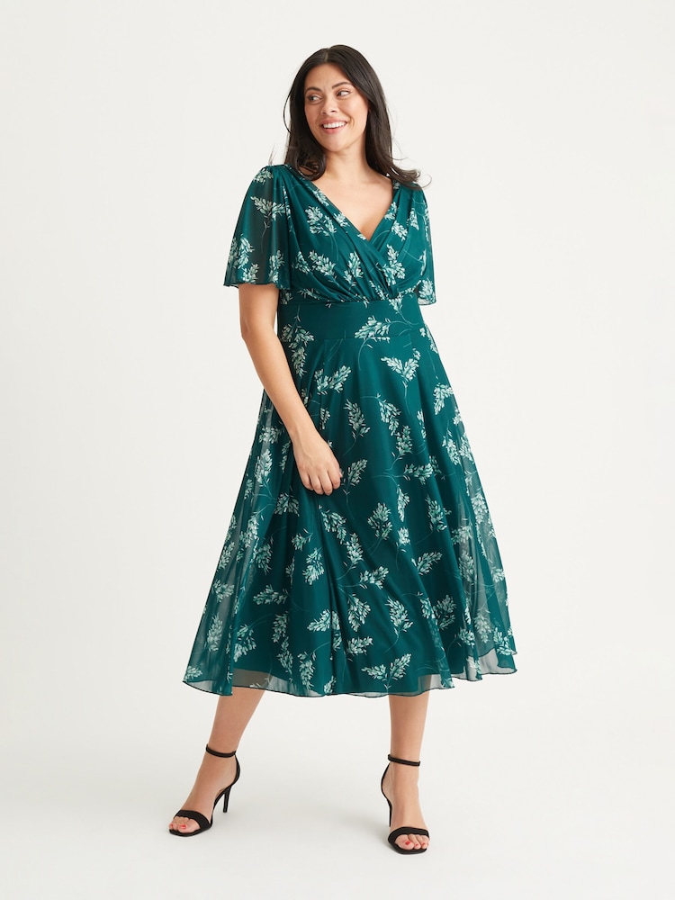 Verde botella - Vestido a media pierna de malla con mangas estilo ángel Victoria de Scarlett & Jo - Imagen 1 de 4 Verde botella - Vestido a media pierna de malla con mangas estilo ángel Victoria de Scarlett & Jo - Imagen 1 de 4