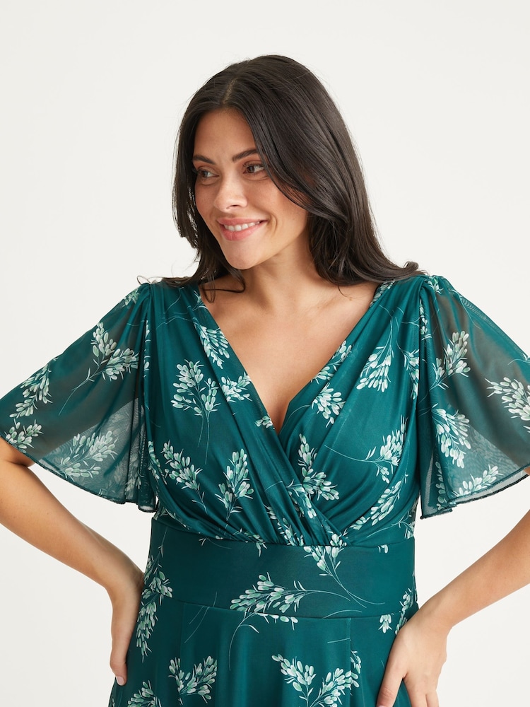 Scarlett & Jo Bottle Green Victoria Angel Sleeve Mesh Midi Dress - Image 4 of 4