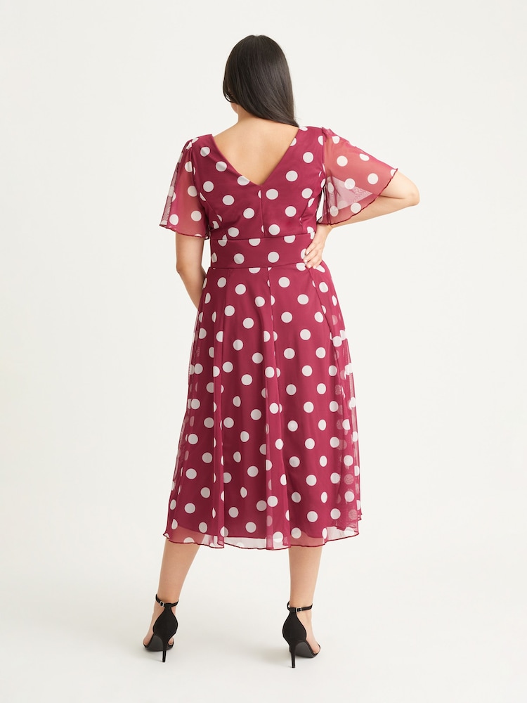 Scarlett & Jo Red Polka Dot Victoria Angel Sleeve Mesh Midi Dress - Image 2 of 4