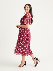 Scarlett & Jo Red Polka Dot Victoria Angel Sleeve Mesh Midi Dress - Image 3 of 4