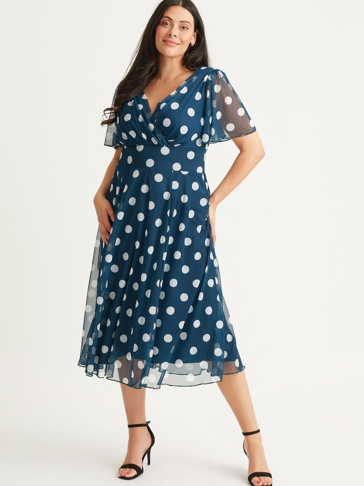 Scarlett & Jo Teal Blue Polka Dot Victoria Angel Sleeve Mesh Midi Dress - Image 1 of 4