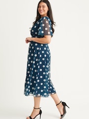 Scarlett & Jo Teal Blue Polka Dot Victoria Angel Sleeve Mesh Midi Dress - Image 3 of 4