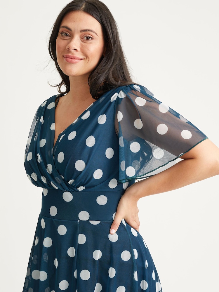 Scarlett & Jo Teal Blue Polka Dot Victoria Angel Sleeve Mesh Midi Dress - Image 4 of 4