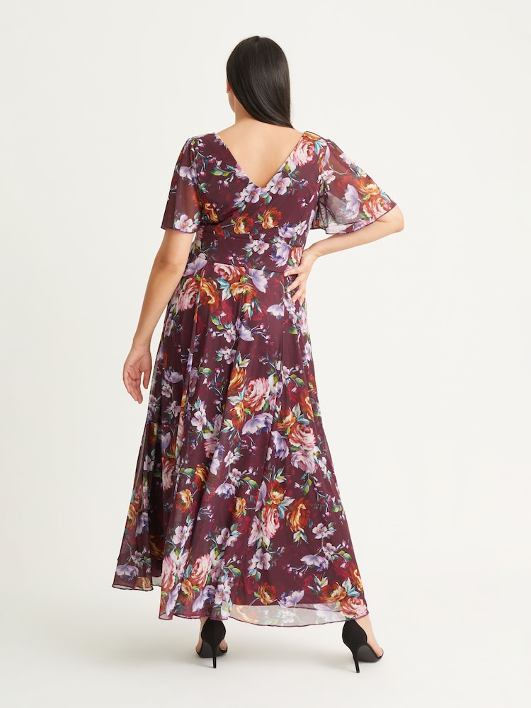 Scarlett & Jo Burgundy Red Multi Floral Isabelle Angel Sleeve Maxi Dress - Image 2 of 4