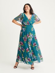 Бирюзово-зеленый с цветочным принтом - Scarlett & Jo Curve Isabelle Angel Sleeve Maxi Dress - Image 1 of 4