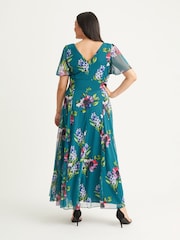 Бирюзово-зеленый с цветочным принтом - Scarlett & Jo Curve Isabelle Angel Sleeve Maxi Dress - Image 2 of 4