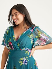 Бирюзово-зеленый с цветочным принтом - Scarlett & Jo Curve Isabelle Angel Sleeve Maxi Dress - Image 4 of 4