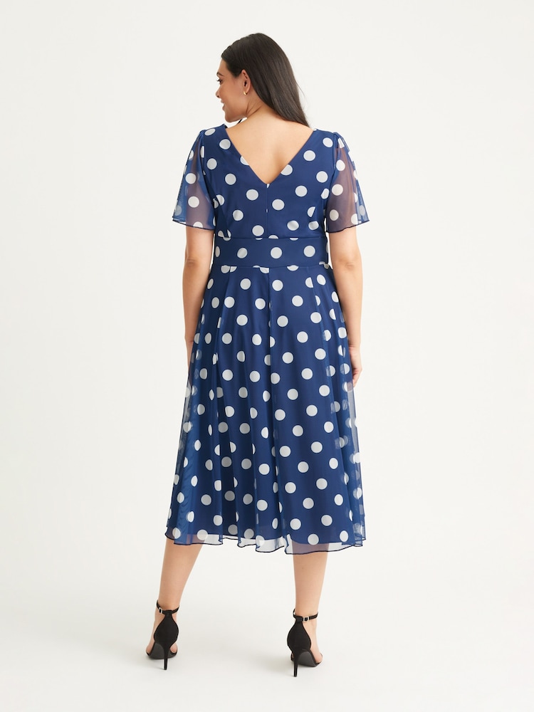 Scarlett & Jo Navy Blue Polka Dot Victoria Spot Angel Sleeve Mesh Midi Long Dress - Image 2 of 5