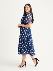Scarlett & Jo Navy Blue Polka Dot Victoria Spot Angel Sleeve Mesh Midi Long Dress - Image 3 of 5