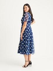 Scarlett & Jo Navy Blue Polka Dot Victoria Spot Angel Sleeve Mesh Midi Long Dress - Image 4 of 5