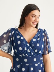 Scarlett & Jo Navy Blue Polka Dot Victoria Spot Angel Sleeve Mesh Midi Long Dress - Image 5 of 5