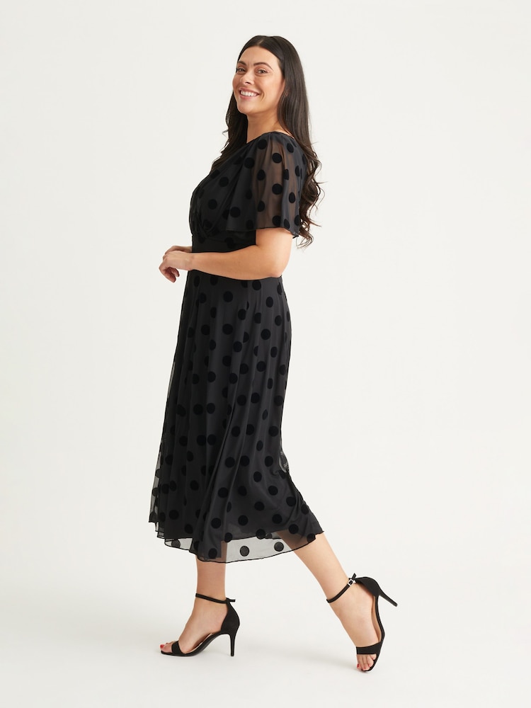 Scarlett & Jo Black Victoria Flock Spot Angel Sleeve Mesh Midi long Dress - Image 3 of 5