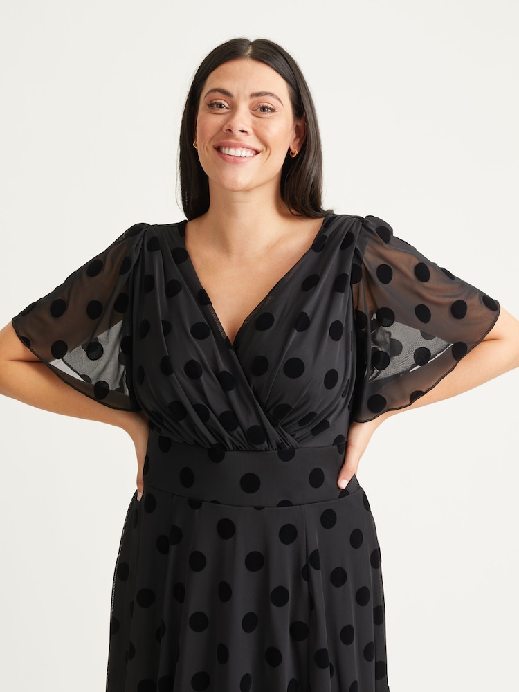 Scarlett & Jo Black Victoria Flock Spot Angel Sleeve Mesh Midi long Dress - Image 4 of 5