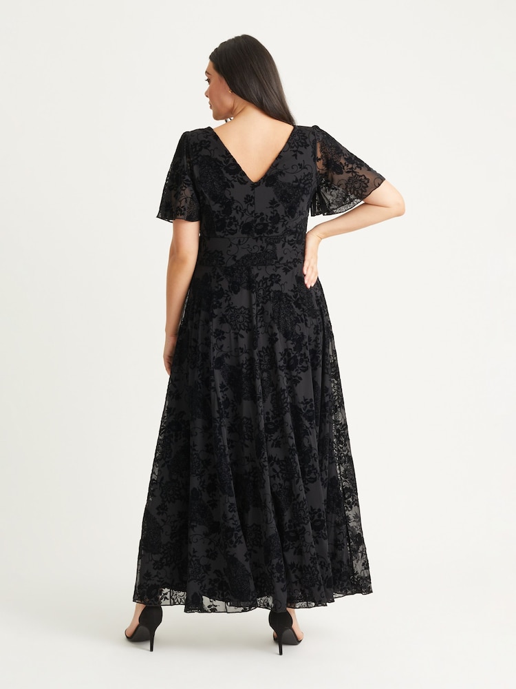 Scarlett & Jo Black Isabelle Velvet Flock Angel Sleeve Maxi Dress - Image 2 of 5