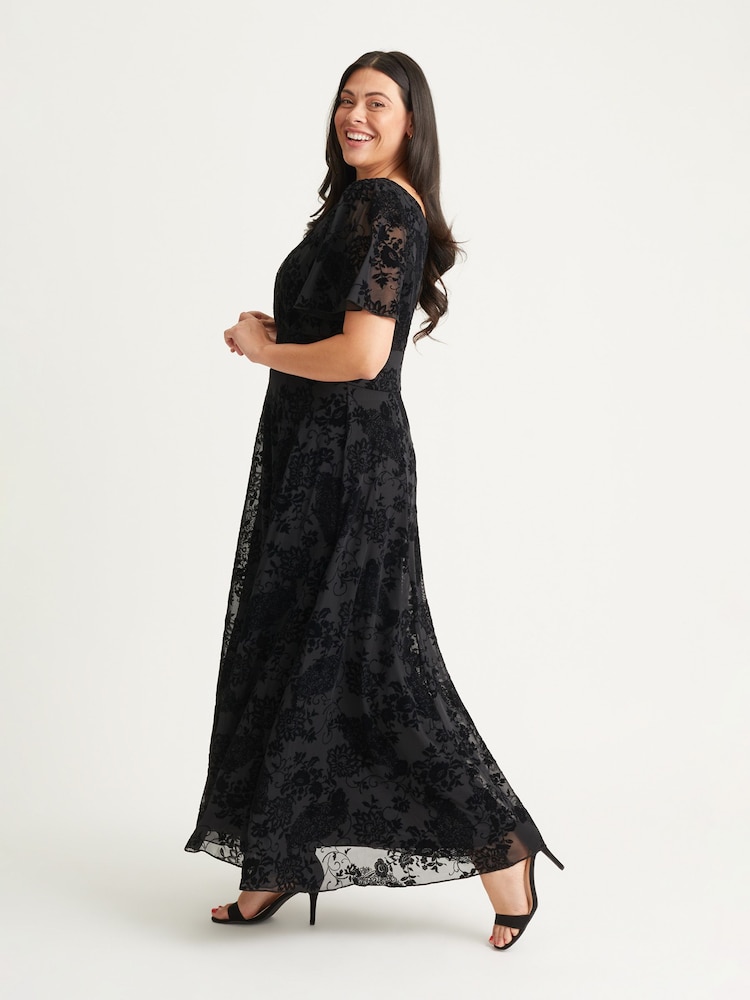 Scarlett & Jo Black Isabelle Velvet Flock Angel Sleeve Maxi Dress - Image 3 of 5