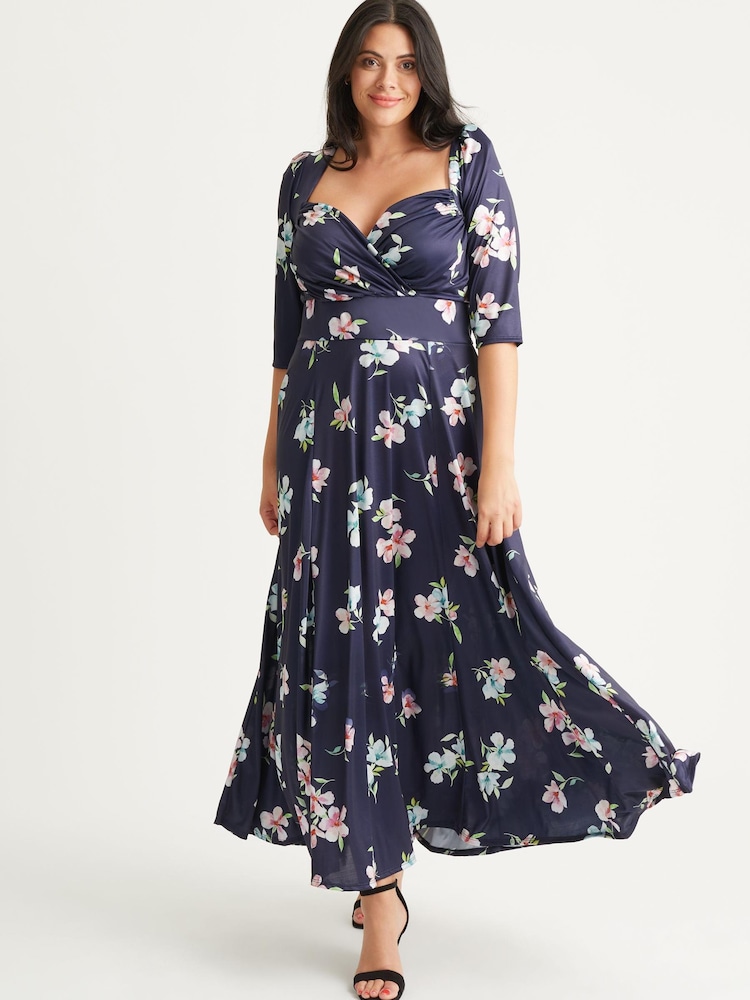 Scarlett & Jo Navy Blue Floral Elizabeth Print Satin Maxi Gown - Image 1 of 1 Scarlett & Jo Navy Blue Floral Elizabeth Print Satin Maxi Gown - Image 1 of 1