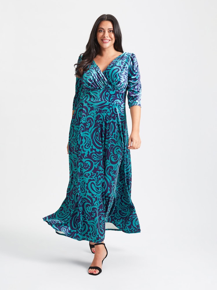 Blaugrüner Druck - Scarlett & Jo Verity Pucci Samt-Maxikleid - Bild 1 von 5 Blaugrüner Druck - Scarlett & Jo Verity Pucci Samt-Maxikleid - Bild 1 von 5