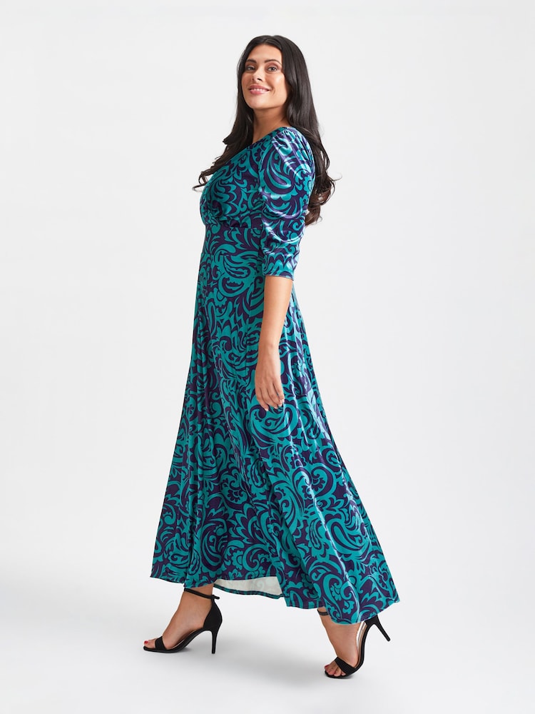 Turcoaz Albastru Imprimeuri - Scarlett & Jo Rochie din Maxi catifea Verity Pucci - Image 3 of 5