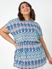 Roman Blue Curve Aztec Print Stretch Top - Image 1 of 5
