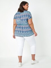 Roman Blue Curve Aztec Print Stretch Top - Image 2 of 5