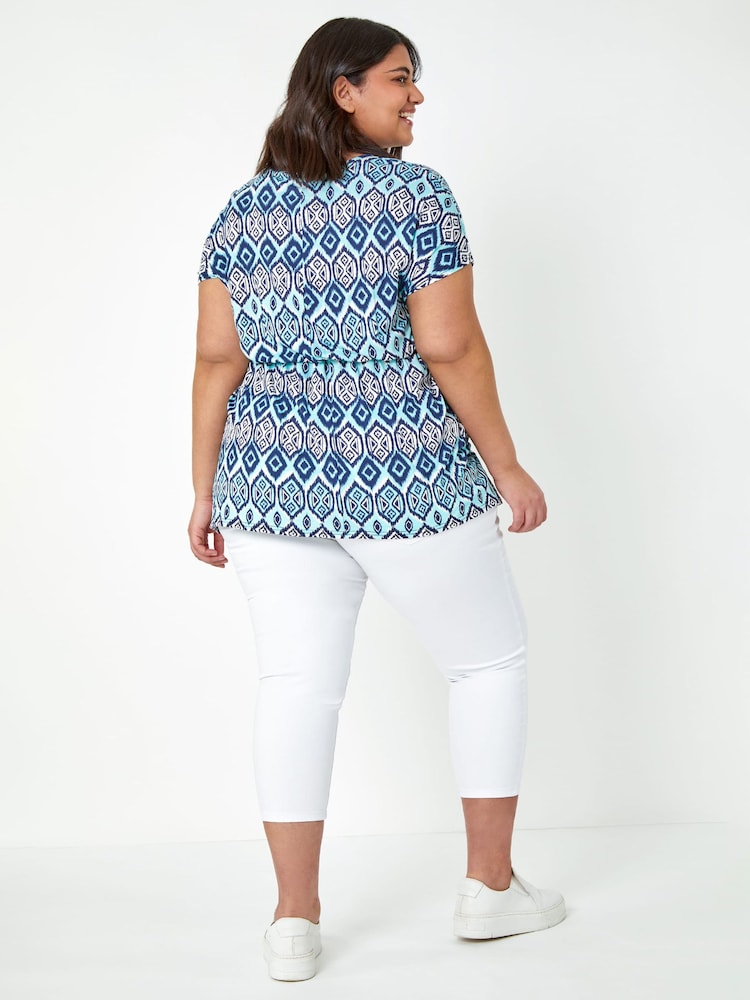 Roman Blue Curve Aztec Print Stretch Top - Image 2 of 5