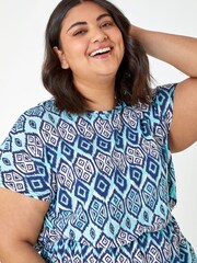 Roman Blue Curve Aztec Print Stretch Top - Image 4 of 5