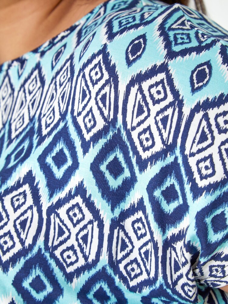 Roman Blue Curve Aztec Print Stretch Top - Image 5 of 5