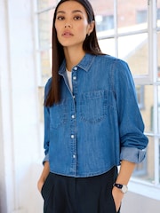 Mid Blue Denim Cropped Denim Shirt - Image 1 of 7