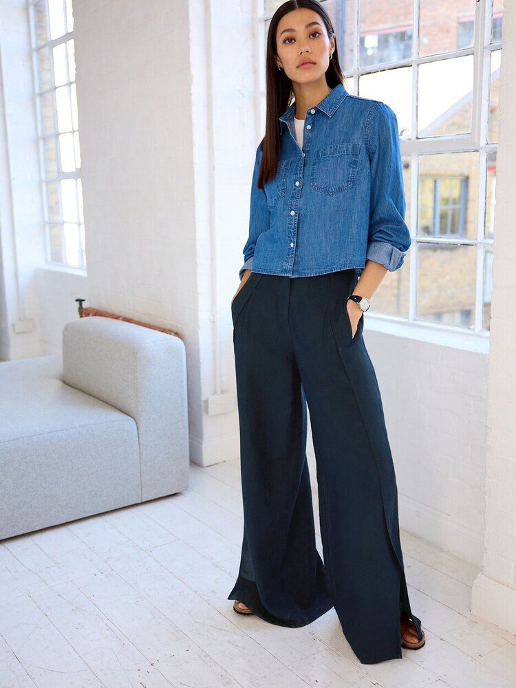 Mid Blue Denim Cropped Denim Shirt - Image 2 of 7 Mid Blue Denim Cropped Denim Shirt - Image 2 of 7