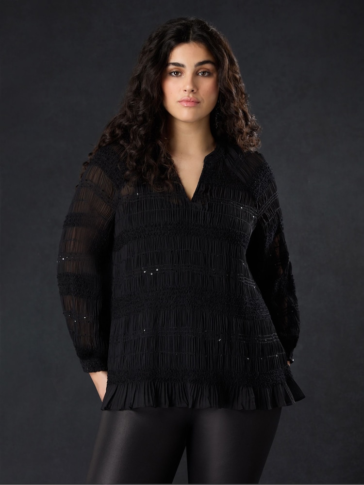 Live Unlimited Black Sequin Shirred Detail Blouse - Image 1 of 5