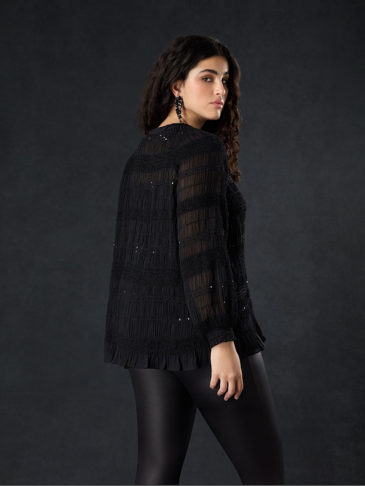 Live Unlimited Black Sequin Shirred Detail Blouse - Image 2 of 5