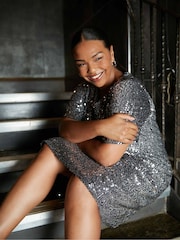 Live Unlimited Curve - Grey Gunmetal Sequin Short Sleeve Dress - Image 2 of 4