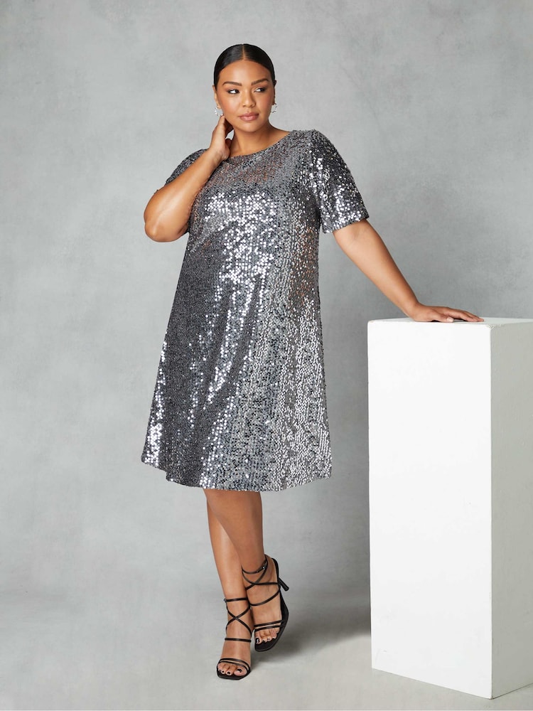 Live Unlimited Curve - Grey Gunmetal Sequin Short Sleeve Dress - Image 4 of 4