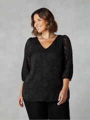 Live Unlimited Black Curve Floral Burnout V-Neck Blouse - Image 3 of 5