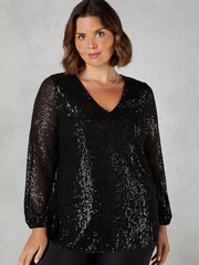 Live Unlimited Curve - Sequin V-Neck Black Blouse - Image 1 of 4