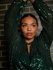 Live Unlimited Curve - Green Sequin Keyhole Detail Blouse - Image 2 of 4