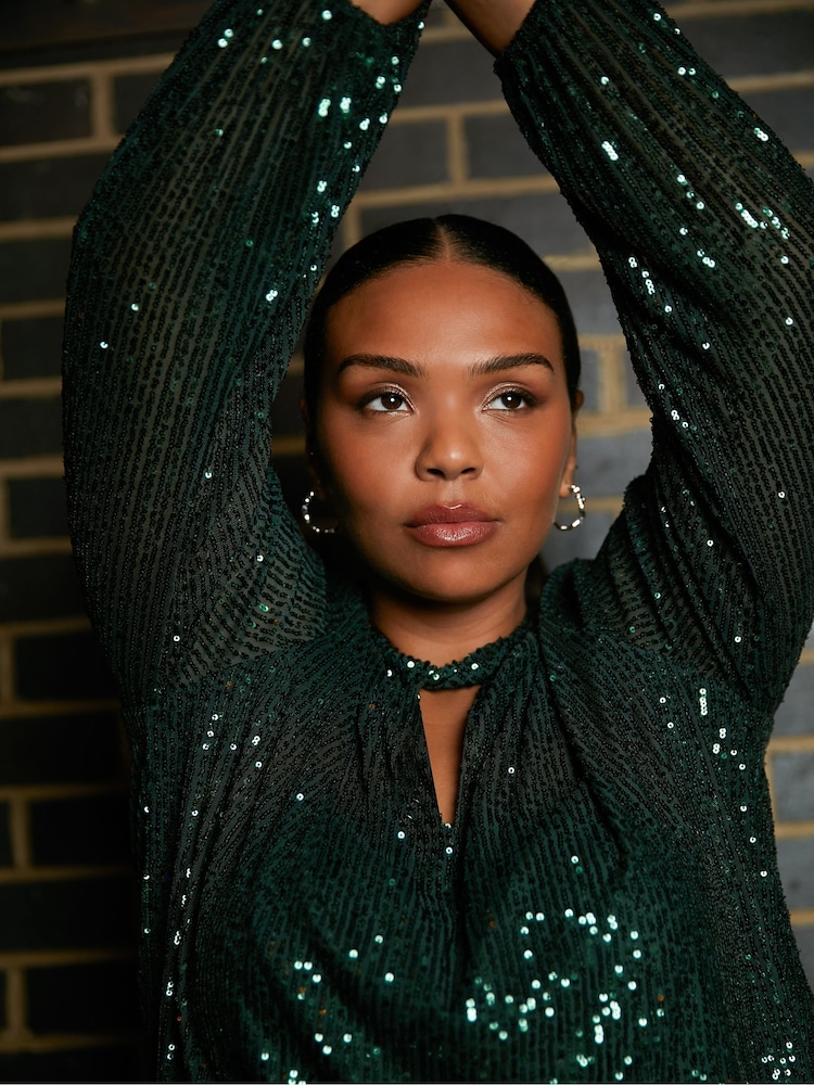 Live Unlimited Curve - Green Sequin Keyhole Detail Blouse - Image 2 of 4