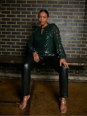 Live Unlimited Curve - Green Sequin Keyhole Detail Blouse - Image 3 of 4