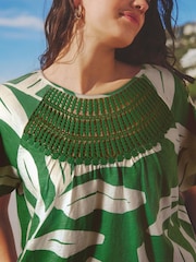 Green Leaf Short Sleeve Crochet Bubblehem Printed Top - Image 4 of 6