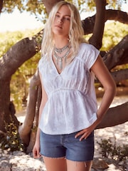 White 100% Cotton Broderie V-Neck Lace Detail Short Sleeve Top - Image 1 of 6