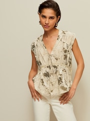 Khaki Green Broderie V-Neck Lace Detail Short Sleeve Top - Image 1 of 6