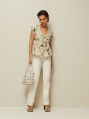 Khaki Green Broderie V-Neck Lace Detail Short Sleeve Top - Image 2 of 6