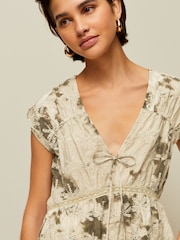 Khaki Green Broderie V-Neck Lace Detail Short Sleeve Top - Image 4 of 6